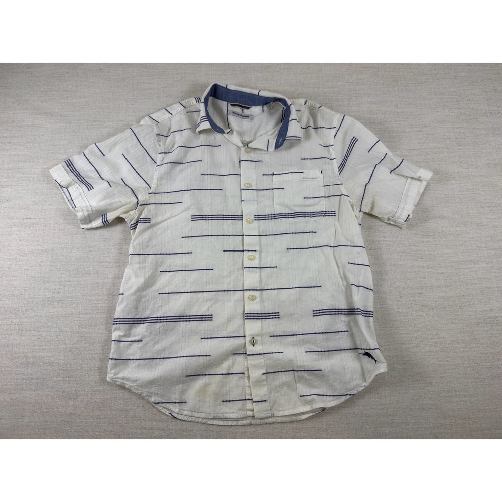 Tommy Bahama Mens Large White Blue Striped Short Sleeve Button Down Shirt 0561